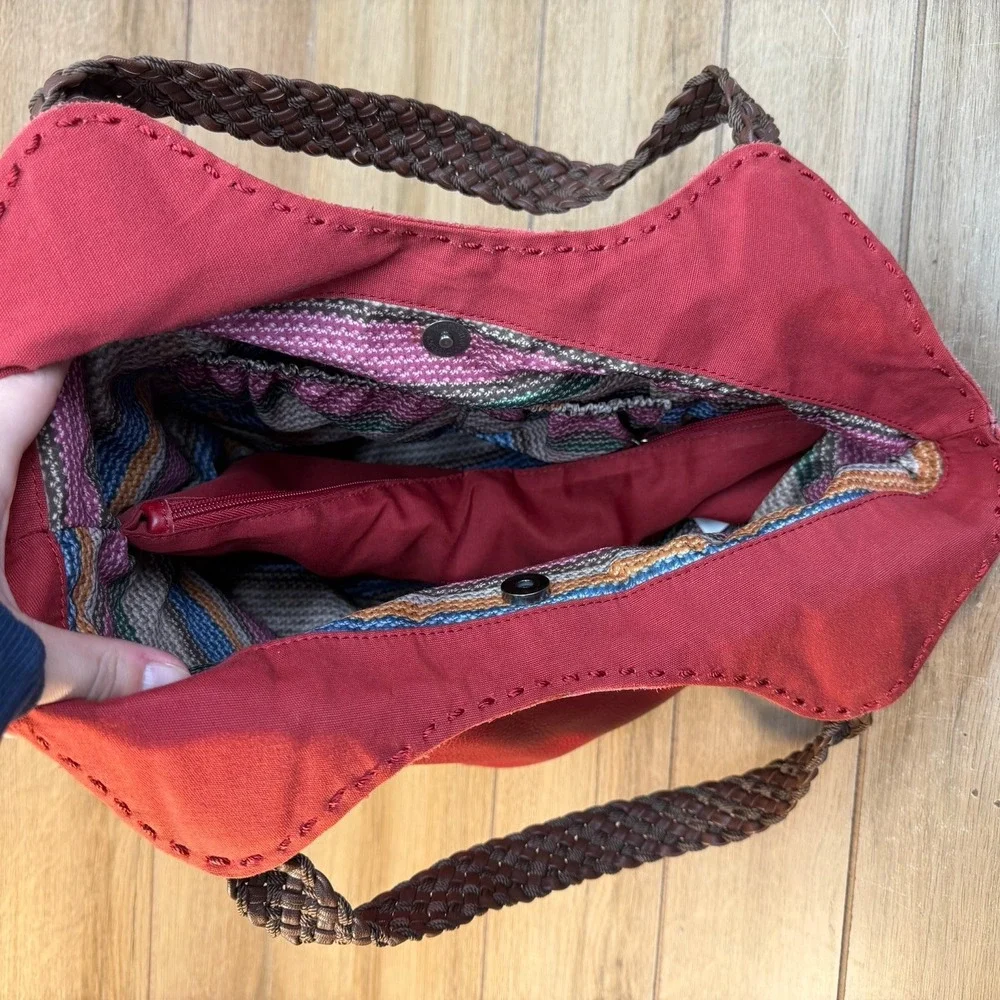 The Sak Womens Indio Hobo Handbag Red Leather Boho Braided Shoulder Tote Bag
